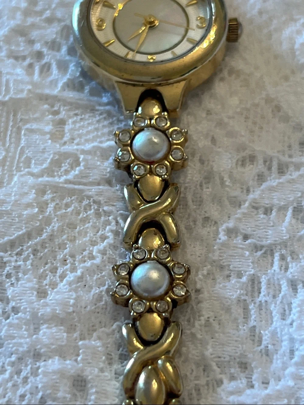 Gold-Tone Women’s Bracelet Watch with Pearl Accents